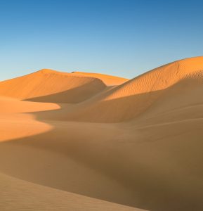 Sunset over the sand dunes in the desert